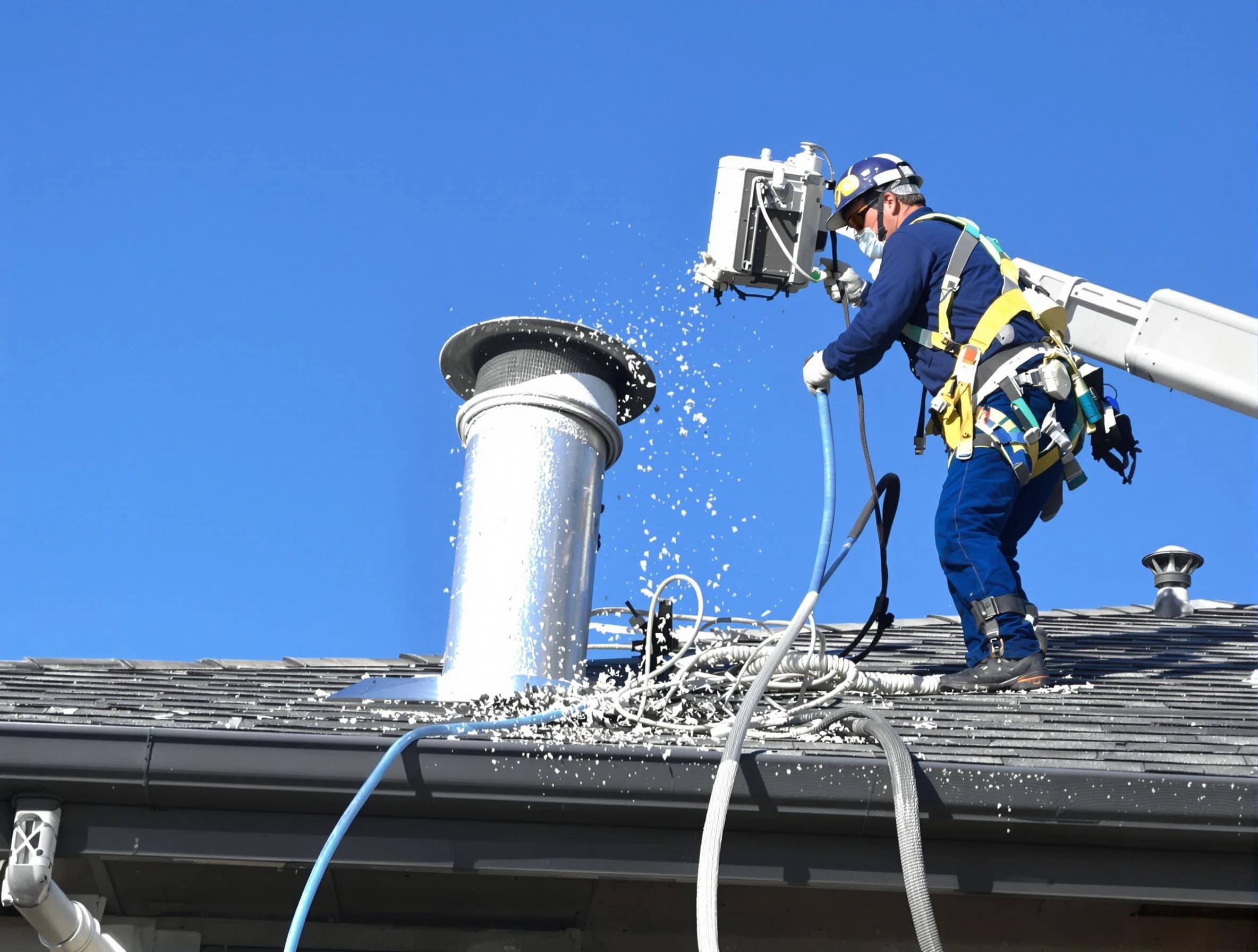 Bethel Park Dryer Vent Cleaning certified technician safely cleaning a roof-mounted dryer vent in Bethel Park