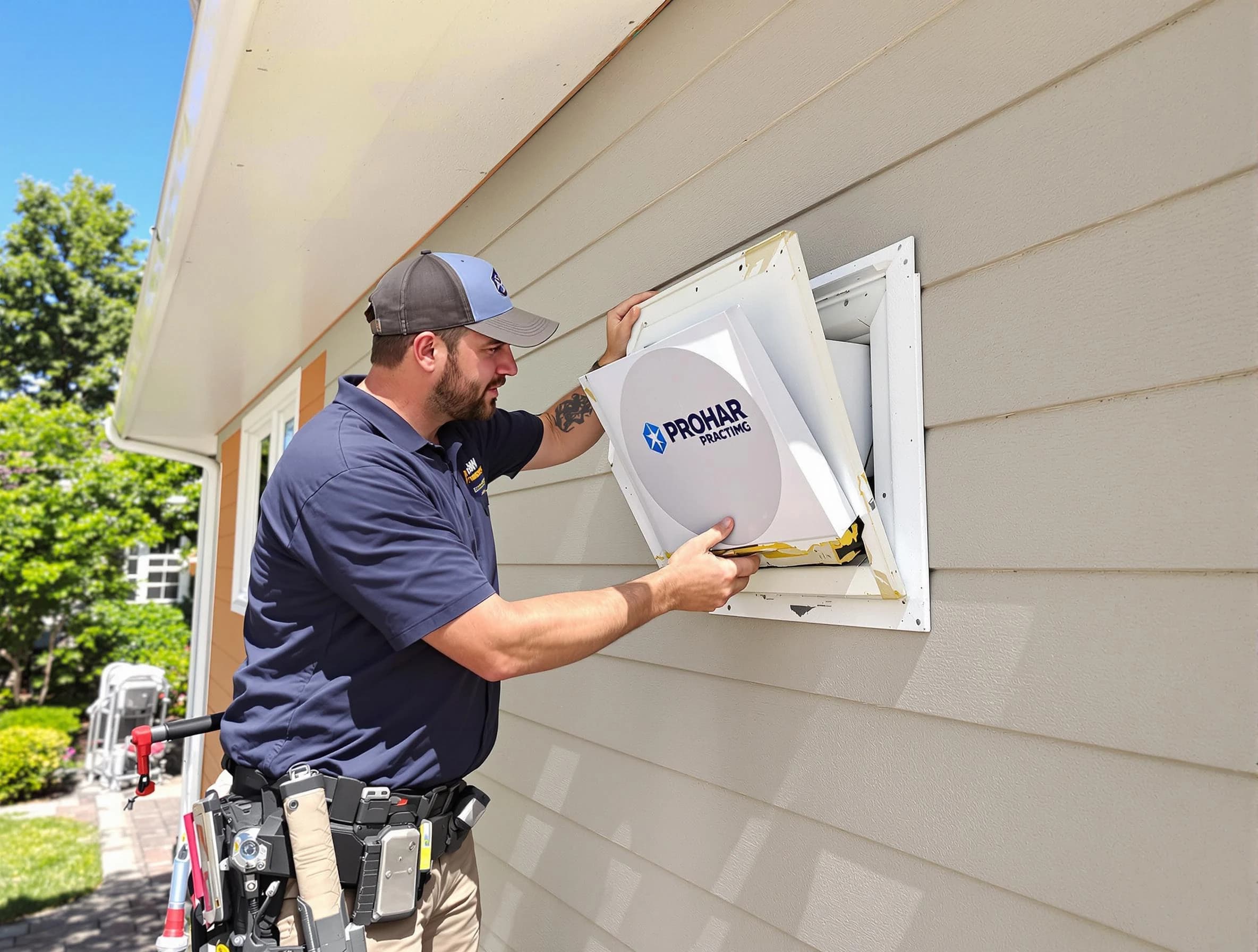 Bethel Park Dryer Vent Cleaning technician installing a new protective dryer vent cover on a home in Bethel Park