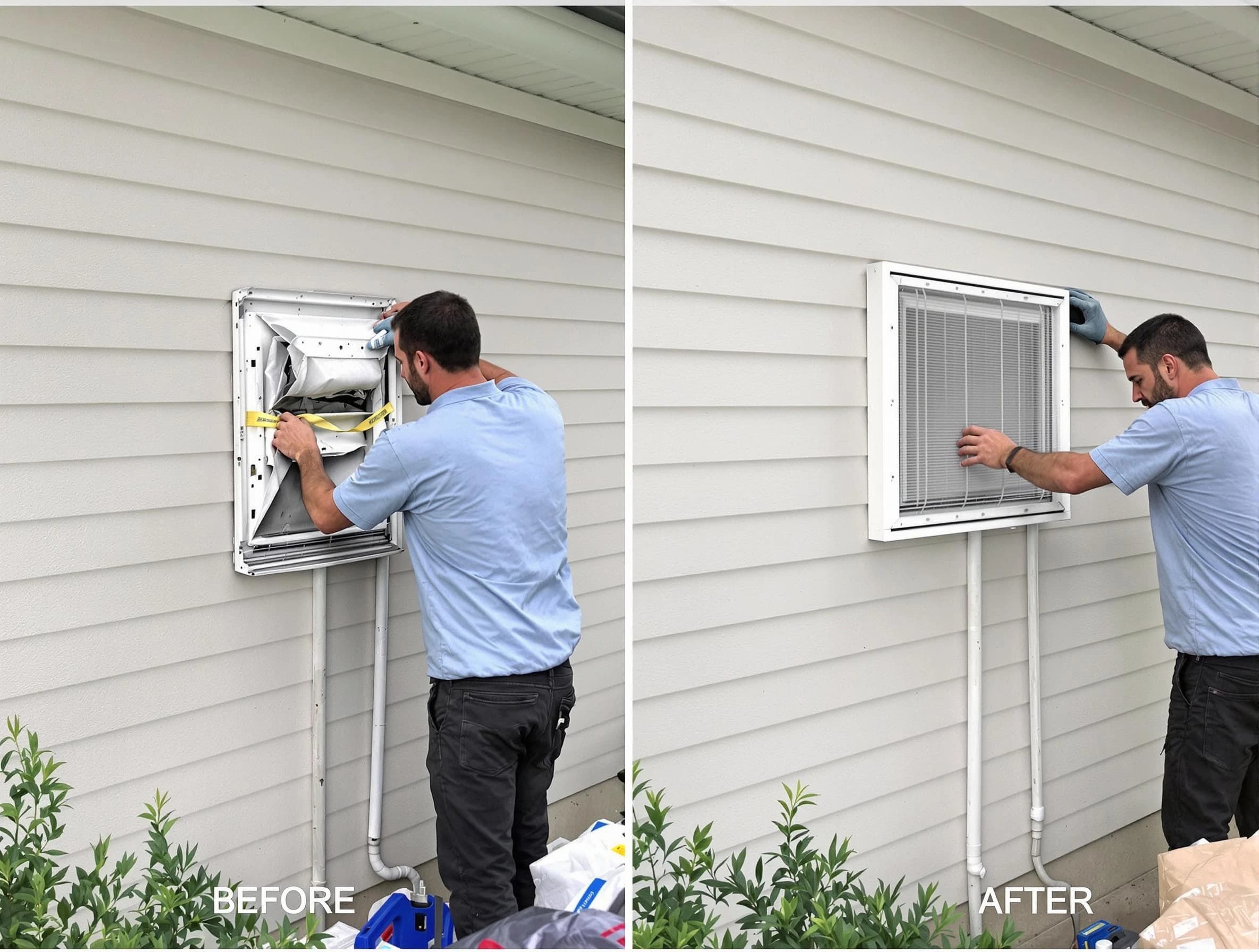 Bethel Park Dryer Vent Cleaning technician installing high-quality dryer vent cover at a residential property in Bethel Park