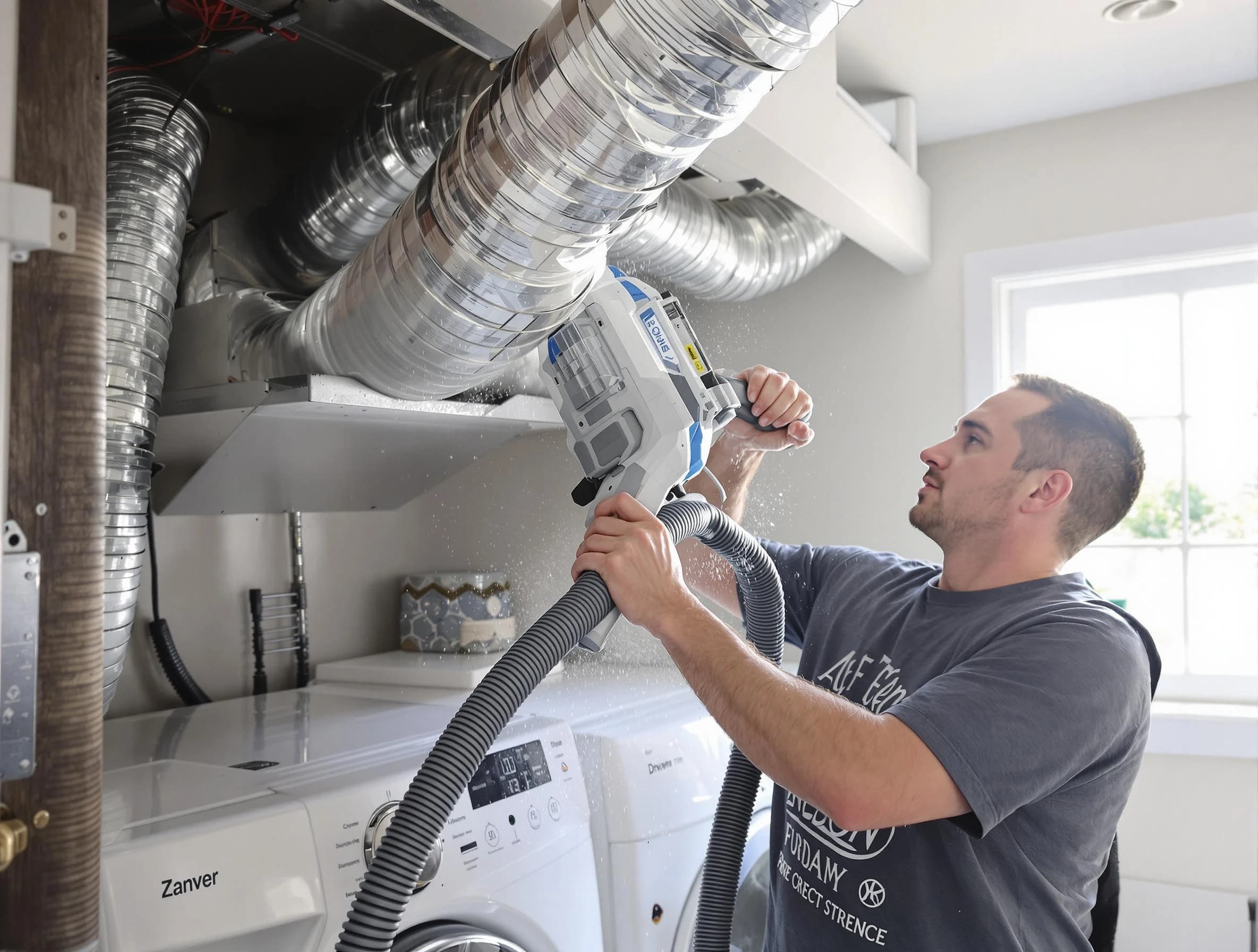 Bethel Park Dryer Vent Cleaning specialist cleaning deep within a dryer vent duct system in Bethel Park