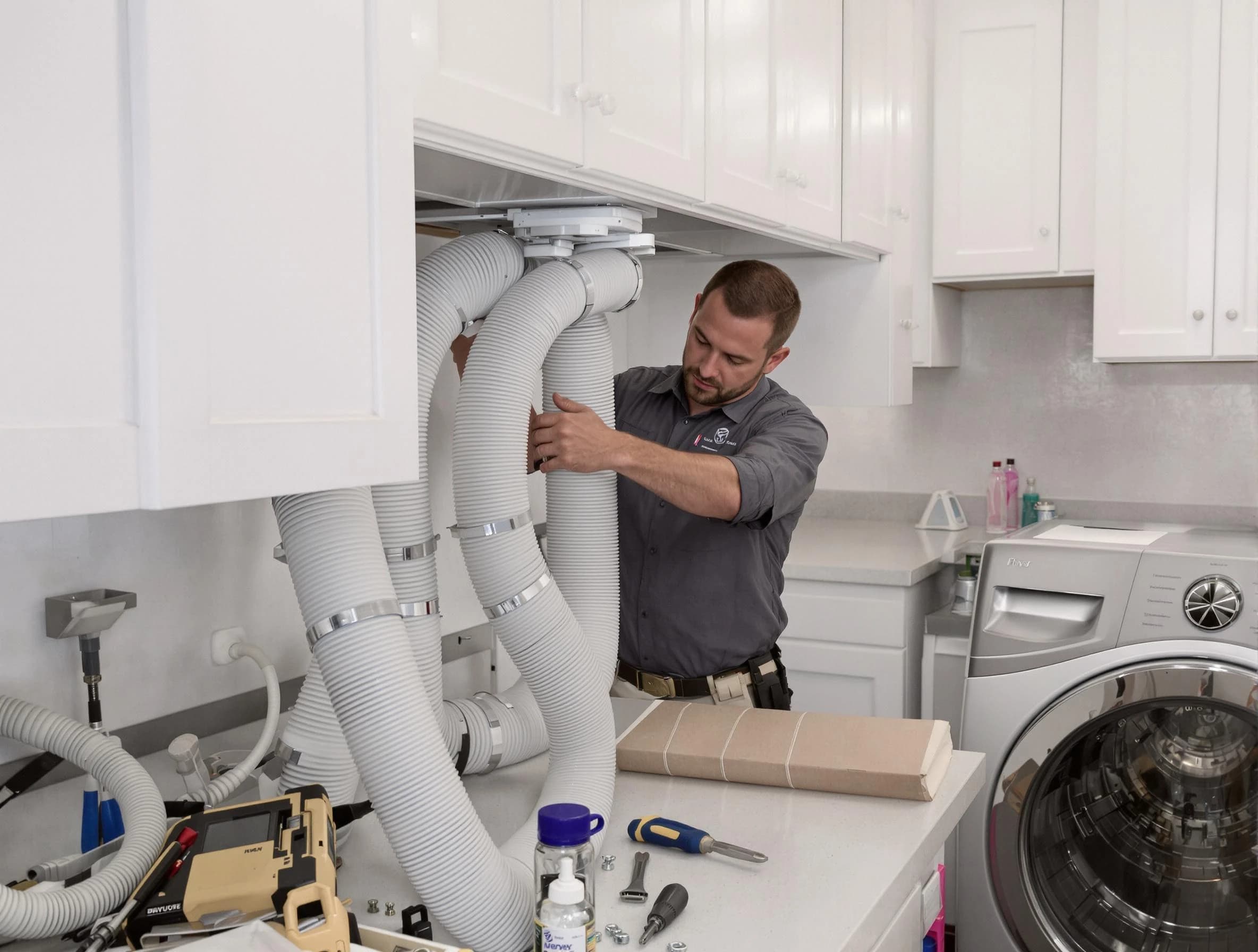 Bethel Park Dryer Vent Cleaning technician installing a new professional-grade dryer vent hose in Bethel Park